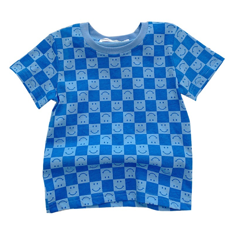 [Estilo de Diseño] padre-hijo Plaid impresión completa + cara sonriente interesante madre-hija padre-hijo Camiseta de manga corta