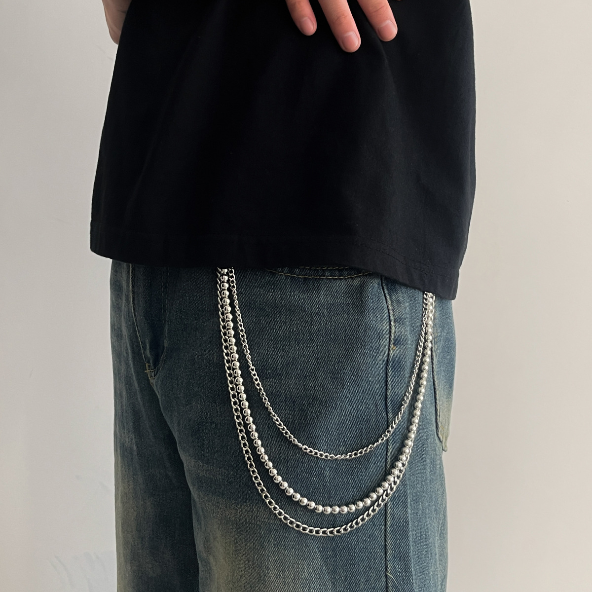 Hip-Hop-Hose mit runden Metallperlen, trendige Mode, vielseitige Jeans für Herren mit Taillenkette_voghion.com