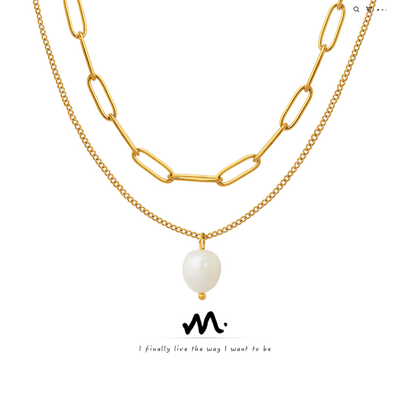 Europa y América ins estilo frío de moda colgante de perlas de agua dulce de múltiples capas apiladas collar femenino de acero de titanio collar de clavícula P791