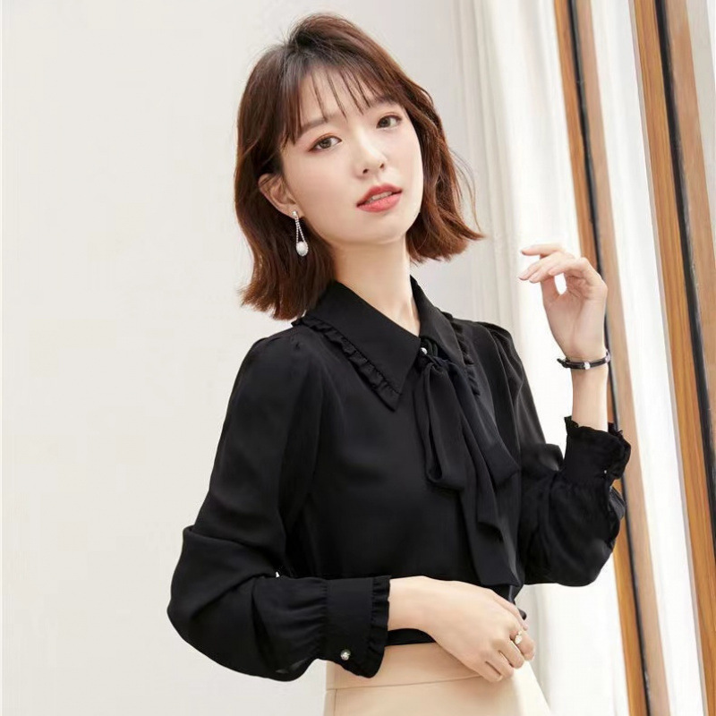 女士新款衬衫2023百搭蝴蝶结洋气小衫高档设计感小系带雪纺上衣女|undefined