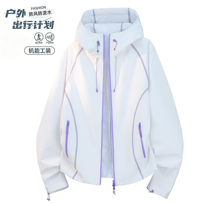 Contrast Color Outdoor Hooded Jacket with Visible Stitching, New Spring Style, Loose Fit, Unisex American Casual Simple Jacket, Trendy Contrast Color Outdoor Hooded Jacket with Visible Stitching, New Spring Style, Loose Fit, Unisex American Casual Simple Jacket, Trendy