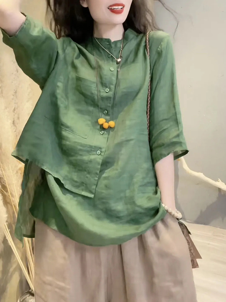 不规则设计感棉麻衬衫春夏别致小众休闲七分袖纯色口袋高级感上衣