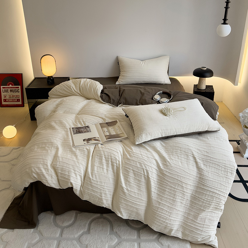 Parure de lit quatre pièces en coton lavé avec drap housse_voghion.com