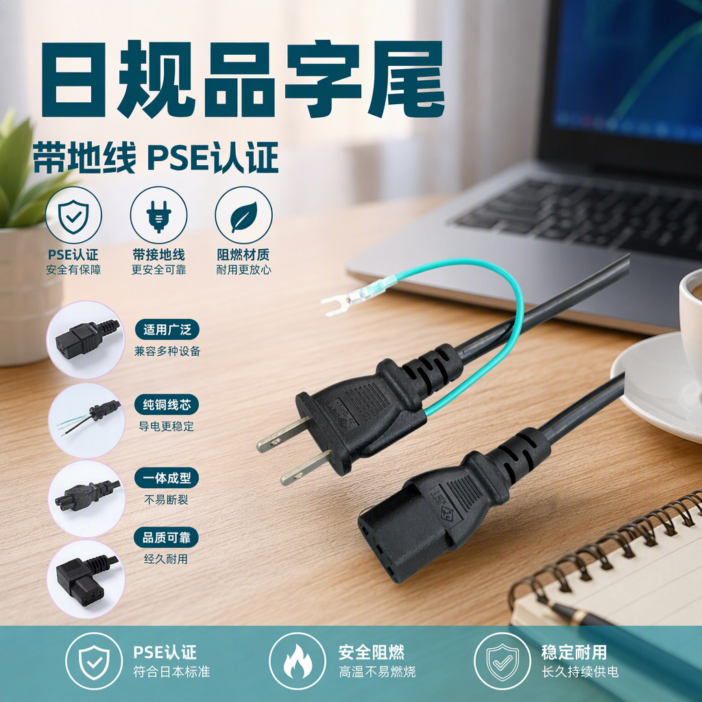 新品日规两插电源线PSE认证3*0.75两插带地线U型端子品字尾插头线