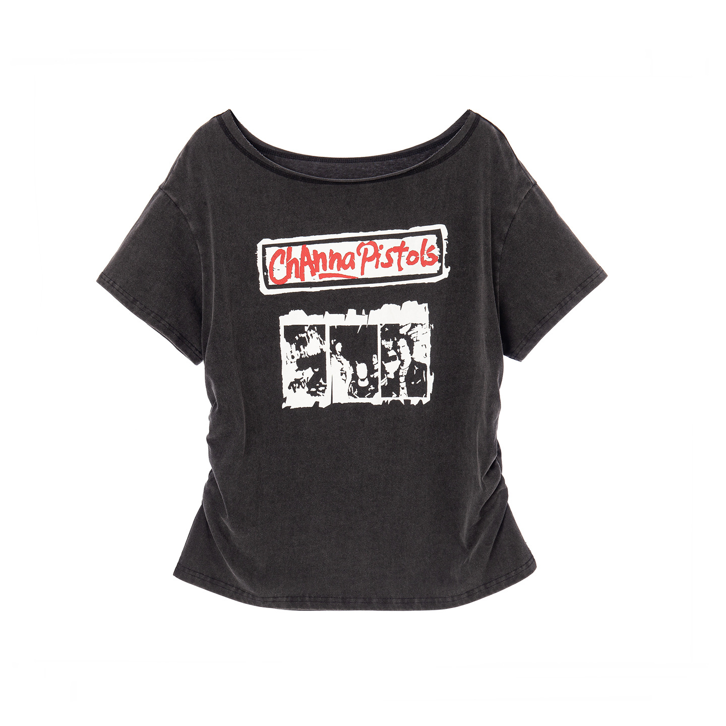 Baisiwang ウォッシュドブラックシャーリングプリント半袖 Tシャツレディース夏韓国スタイルルーズで多用途なスリムオフショルダートップ