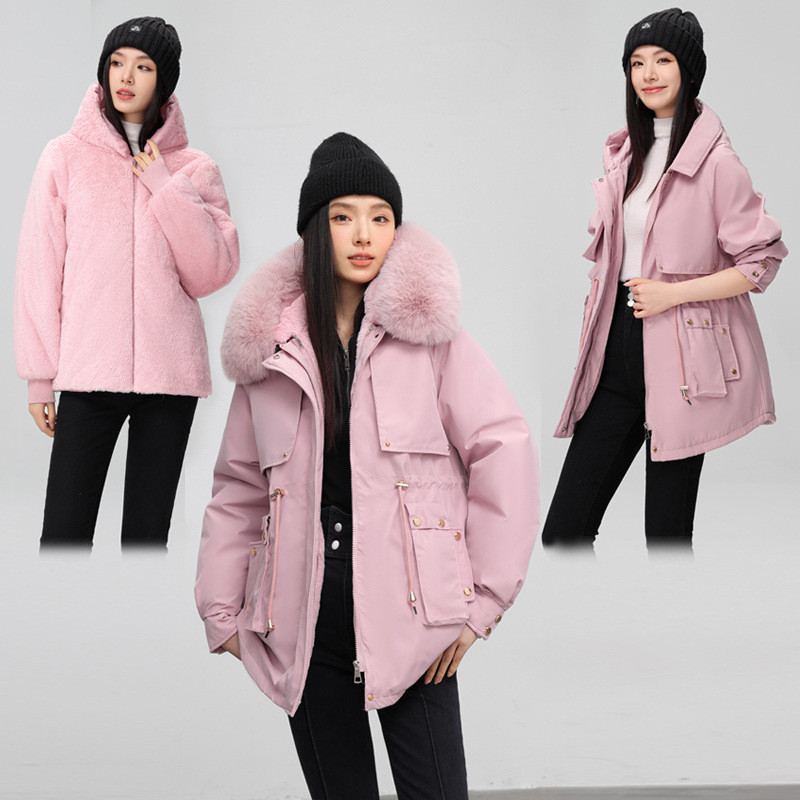 Large Fur Collar Two-Wearing Cotton Coat Women's 2024 Winter New Korean Style Slim-Fit Detachable Plush Interior Pike Large Fur Collar Two-Wearing Cotton Coat Women's 2024 Winter New Korean Style Slim-Fit Detachable Plush Interior Pike