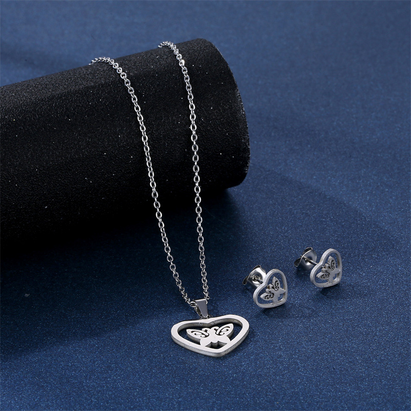 fashion simple heart-shaped butterfly earrings stainless steel necklace