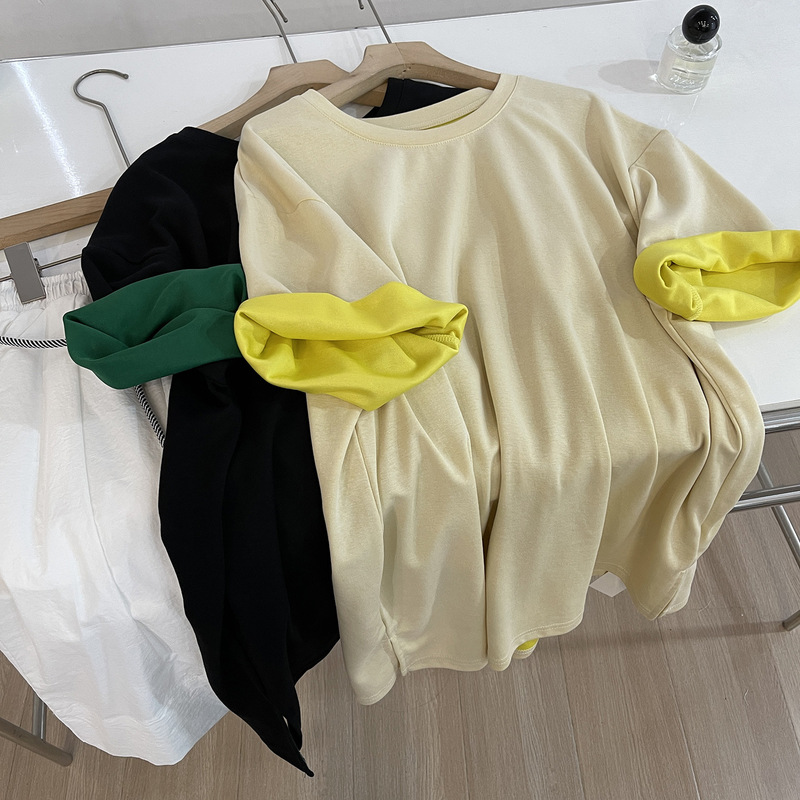 Popular AB Contrast Cotton Loose Large Edition Mid-length T-shirt Women's Summer 2025 Simple Solid Color Casual Top