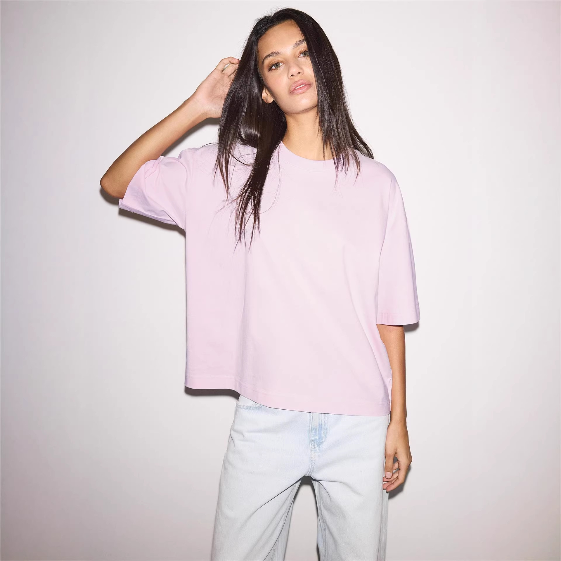 2026 verano nueva ropa de mujer de algodón de manga corta larga larga casual comercio exterior transfronterizo caída de hombro camiseta transpirable de color sólido