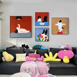 客厅装饰画小狗多巴胺卡通红色正方形现代餐厅壁画儿童房卧室挂画
