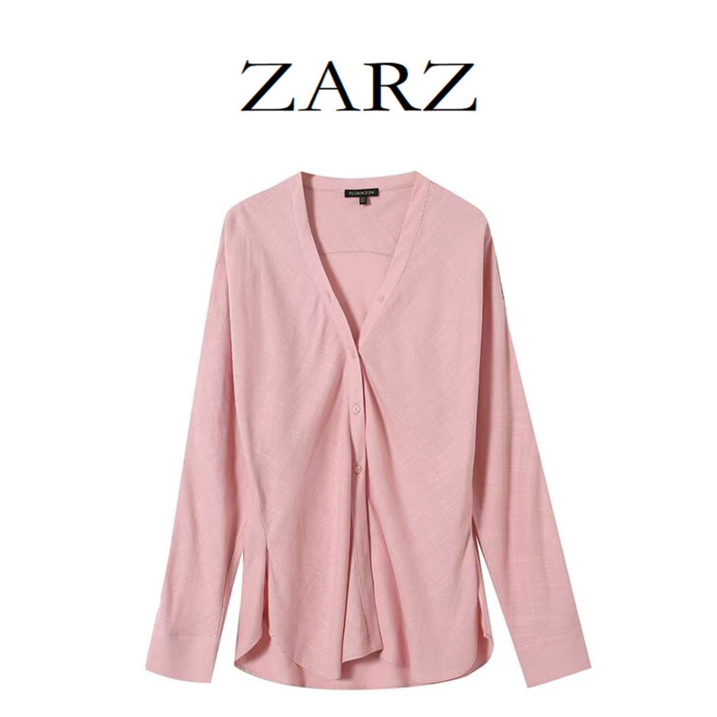 Zarz Self-Made European and American Style New Women's Clothing, Stylish Urban Workwear Style Linen Lightweight V-Neck Long-Sleeved Shirt Zarz Self-Made European and American Style New Women's Clothing, Stylish Urban Workwear Style Linen Lightweight V-Neck Long-Sleeved Shirt