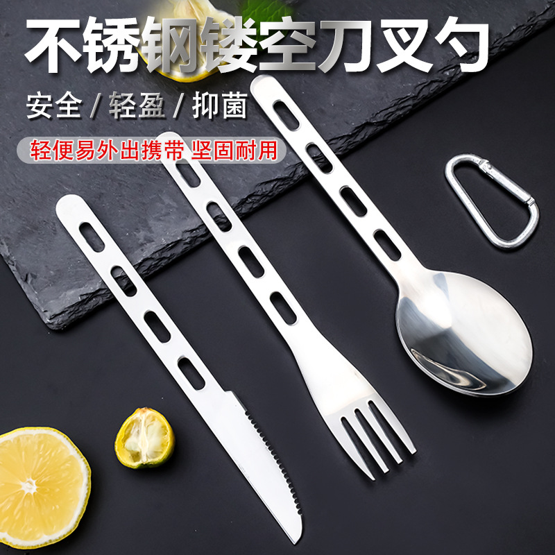 Kit de cubierta de camping al aire libre botón de montaña combinación cuchillo y tenedor cucharas de viaje portátil de tres piezas cuchillo y tenedor cucharas de acero inoxidable