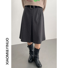 【欧凡】韩版气质灰色毛呢半身裙女冬款西装高腰a字裙中长裙3300