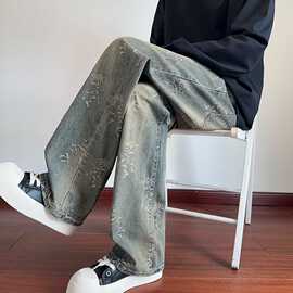 美式复古花朵提花牛仔裤男款设计感百搭高街显瘦直筒拖地裤ins潮