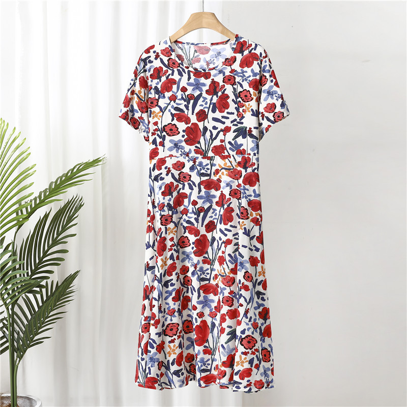 Summer Cotton Silk Women's Large Size Short-sleeved Dress Thin Artificial Cotton Loose Floral Outer Wear Long Dress Home Nightdress