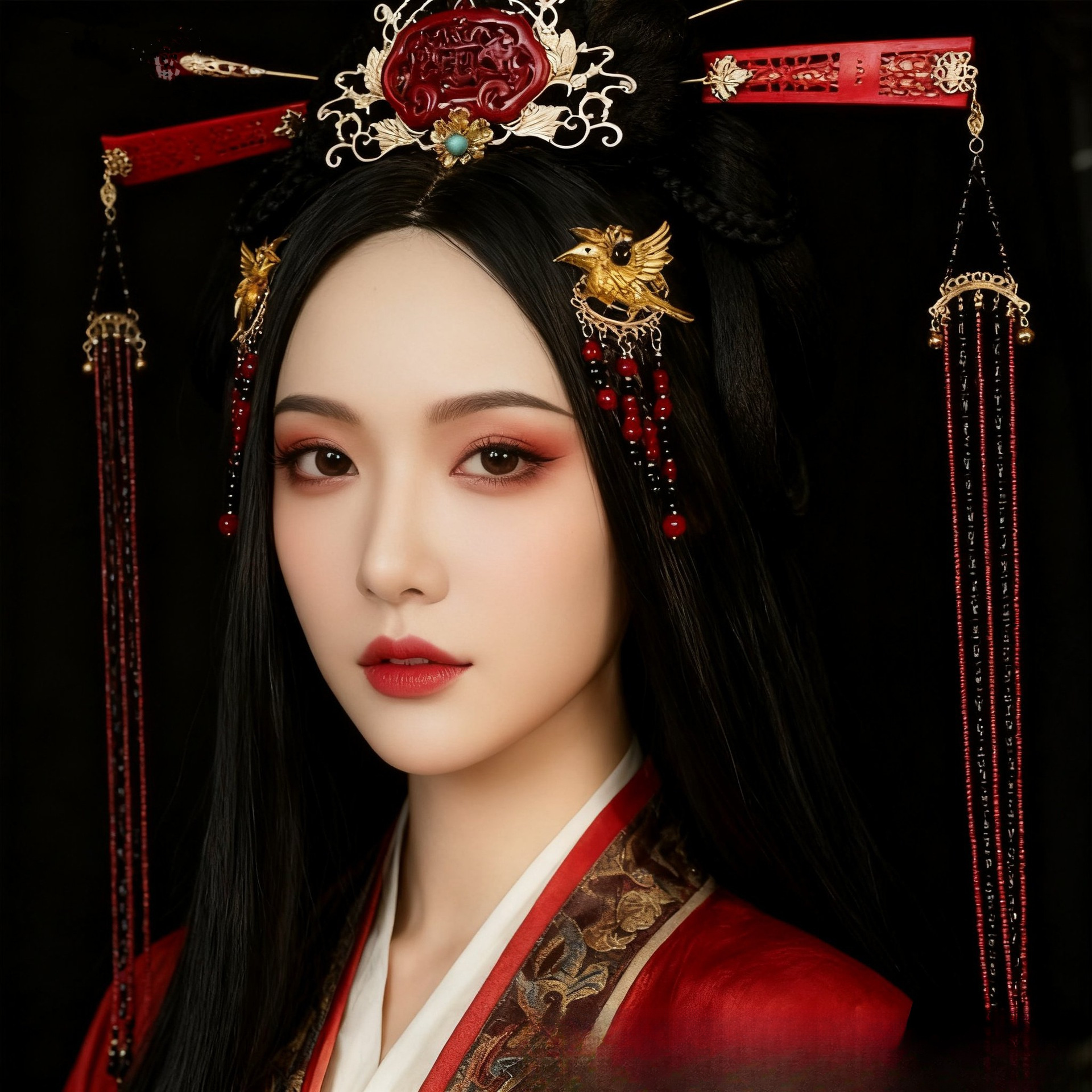 战国袍头饰楚朝发冠长流苏发簪宿命感全套女帝汉服红色过年发饰品