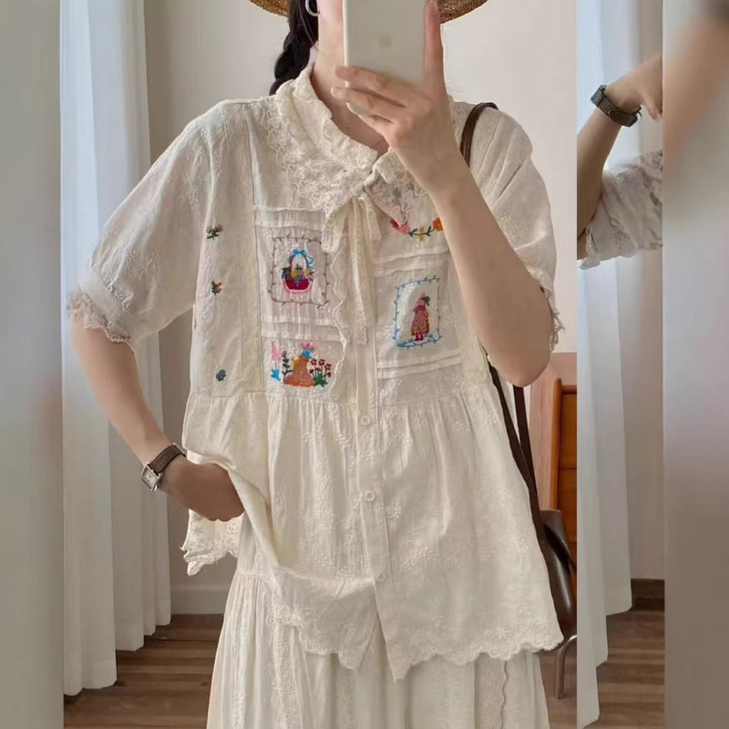Heavy Embroidery Short-Sleeve Shirt 2026 Japanese Mori Girl Style Lace Patchwork Youthful Versatile Loose Top for Women