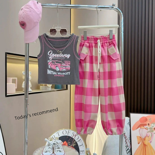 Children's Set 2024 Summer New Casual Sleeveless Top and Trendy Plaid Pants Two-Piece Set for Kids Thin Model