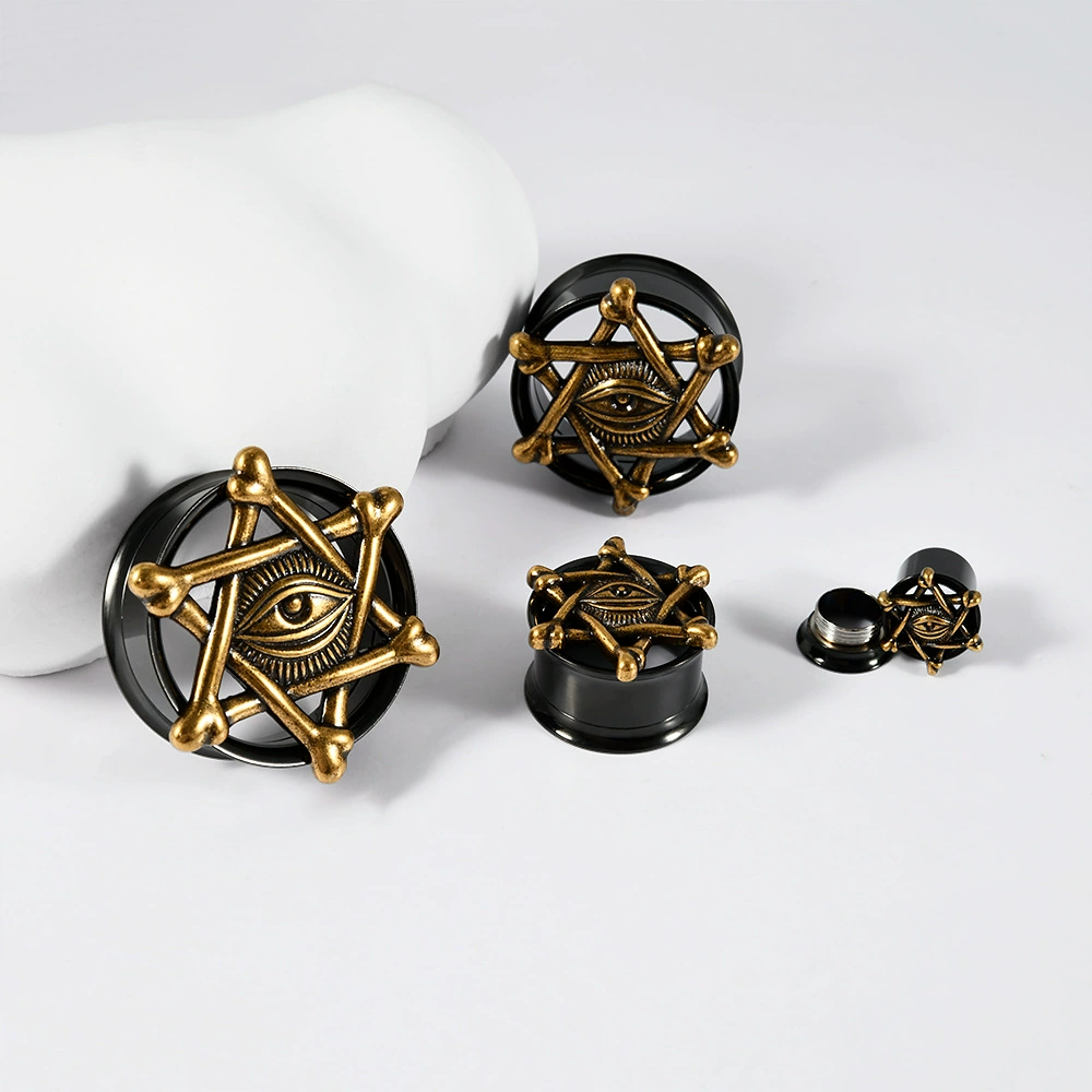 Cross-border stainless steel five-star eyes electroplated auricle ancient silver sharp claw black cat inner teeth double horn copper piercing ear expander