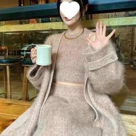 仿貂三件套装女韩系慵懒风性感中长款毛衣外套背心裙,爆款网红新