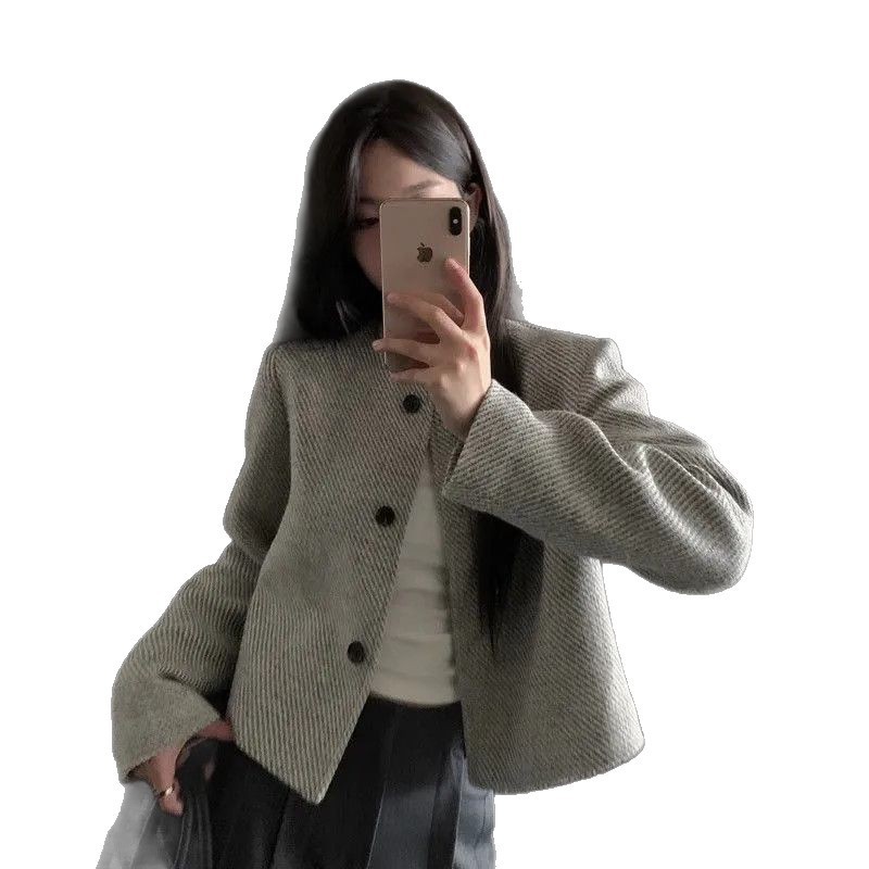 复古圆领小香风外套女秋季小个子高级感条纹宽松名媛千金短款上衣|undefined