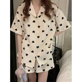 韩国ins女士夏季新品睡衣新款纱布短袖套装休闲家居服可外穿批发