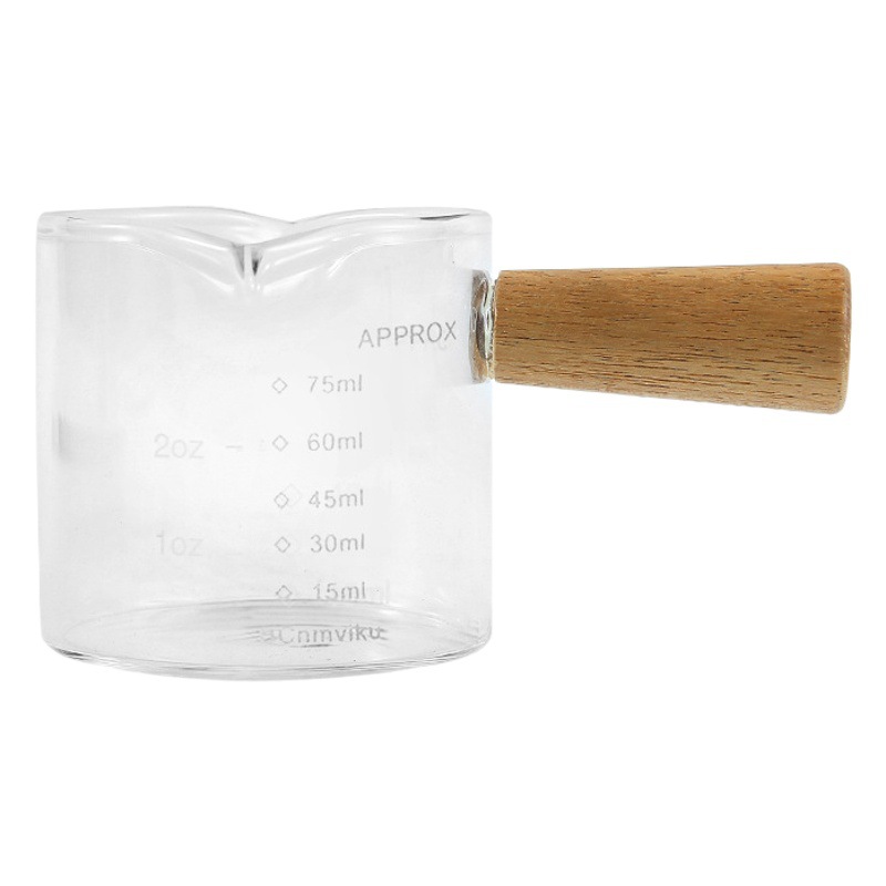 Small Milk Jug with Wooden Handle, Glass Milk Pot with Handle and Spout, Milk Cup for Espresso, High Borosilicate Glass