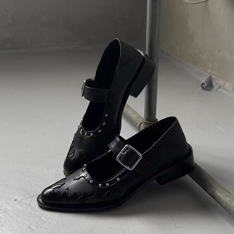 Small niche design with round toe and shallow mouth, Mary Jane single shoe, 2024 summer new punk style dark small_voghion.com