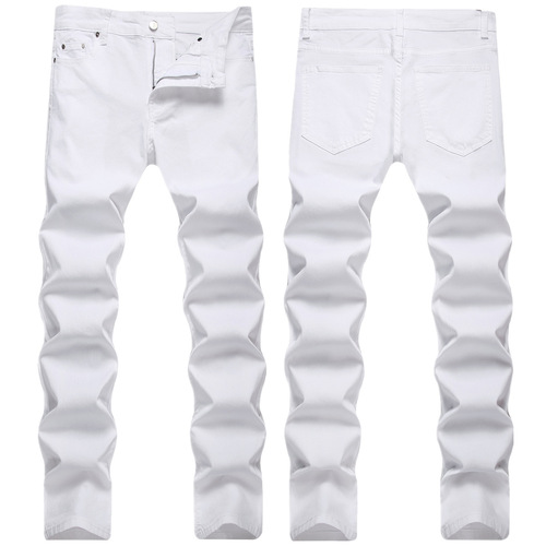 Cross-border source high-end fashion brand white jeans men's personality slim fit small feet elastic trend fashion autumn and winter trend 