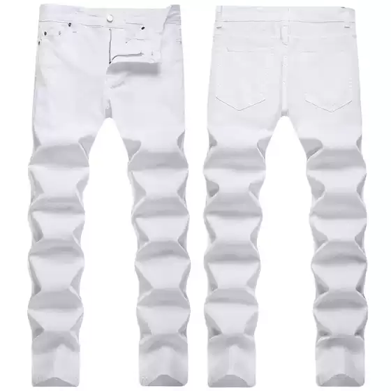Cross-Border Premium Streetwear White Jeans Men Slim Fit Skinny Stretch Trendy Fashion Autumn Winter