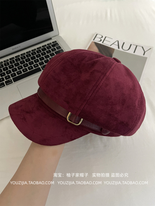 2025秋冬新款麂皮绒复古贝雷帽女韩系做旧潮气质时尚显脸小八角帽|undefined