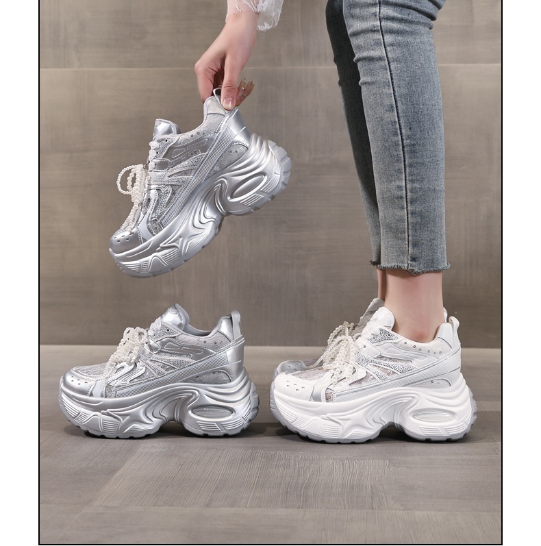 Giày sneaker chunky đế dày lưới thoáng khí tăng chiều cao nữ — Màu trắng chi tiết 17