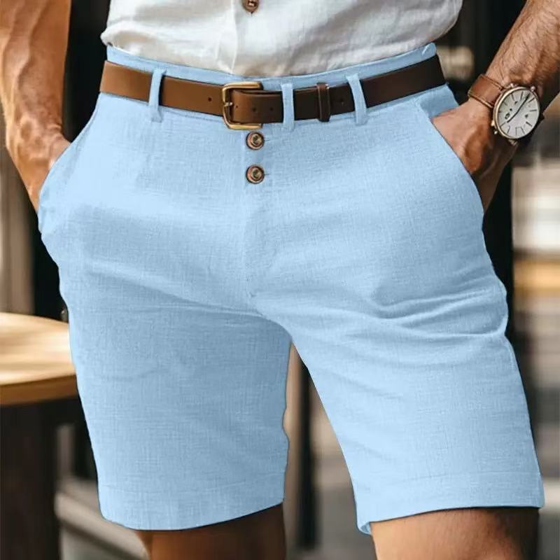 Summer New Men's Shorts Men's Linen Five-point Solid Color Button Shorts Sports Beach Casual Pants