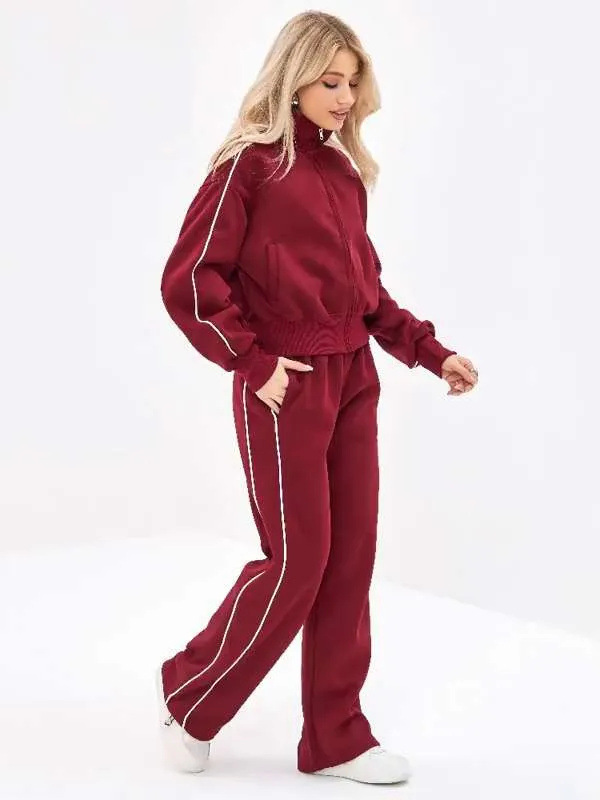 Women's Spring Autumn Sports Leisure Suit Loose Striped Sweatshirt Cardigan Trousers Fashion Pant Set Polyester Full Length_ecoleips.com