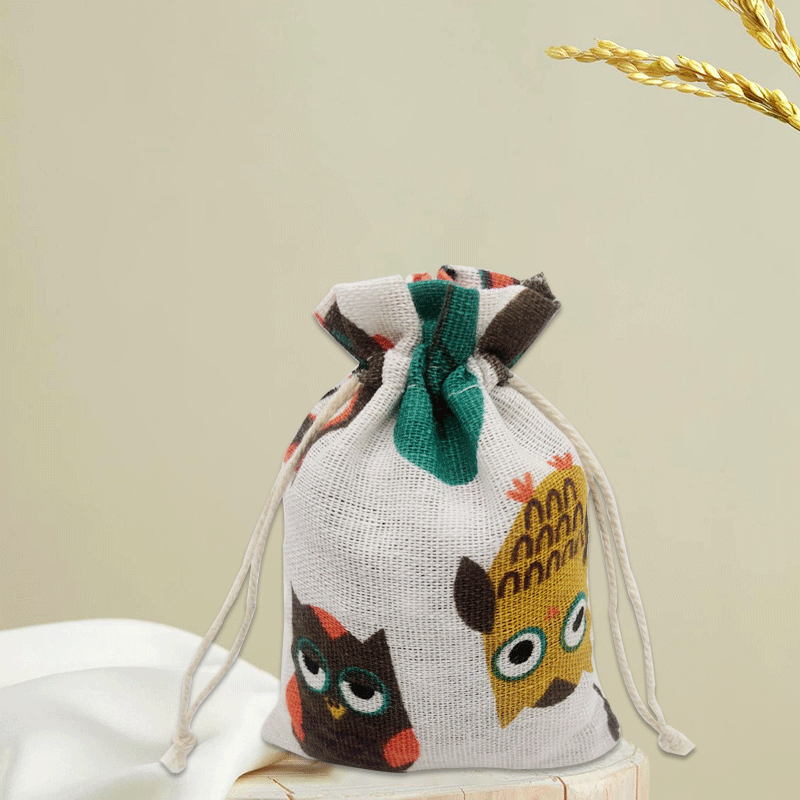 印花棉布束口袋批發文玩禮品袋乾花收納小布袋貓頭鷹款珠寶首飾袋