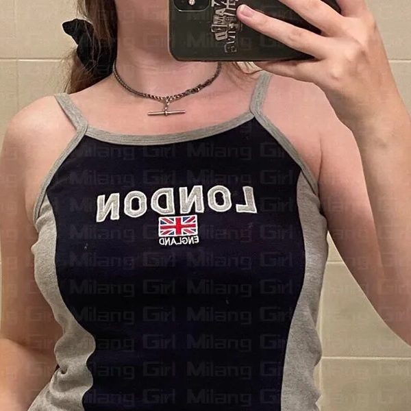 外贸跨境欧美ins伦敦字母刺绣性感小吊带女士上衣街头复古时尚Y2K