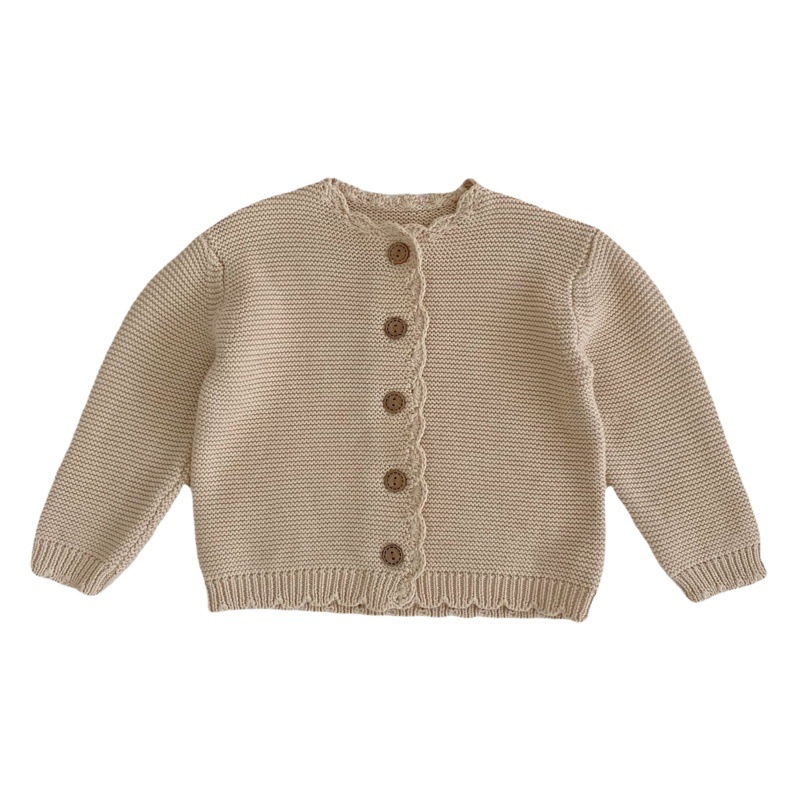 Chaqueta tipo cárdigan de manga larga de algodón puro tejido a mano con borde de ganchillo, color sólido, cuello redondo, versátil, unisex, para bebés y niños, primavera 2025