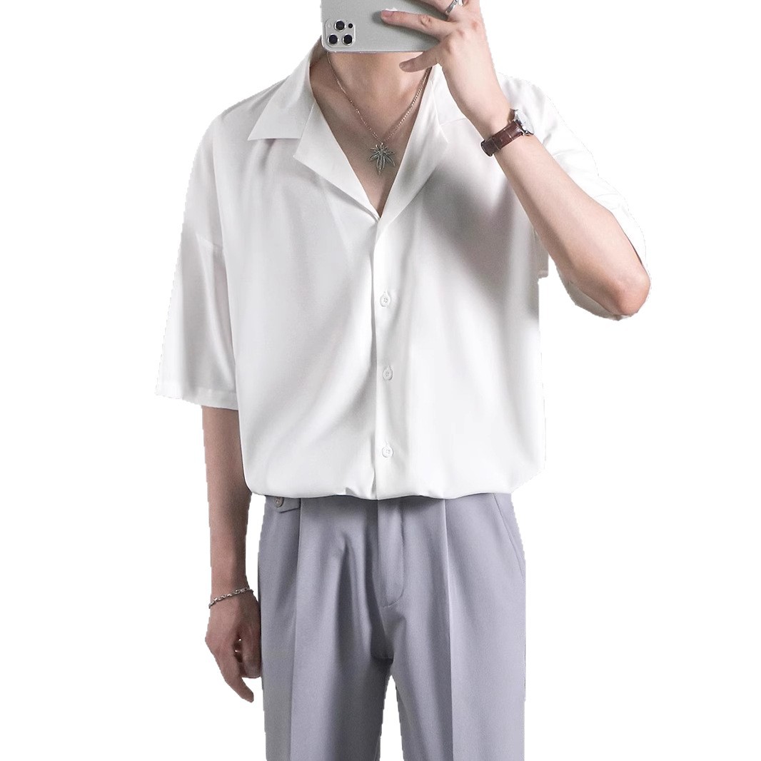 Kubanisch inspiriertes, überschnittenes Schulterhemd mit Seitenschlitzen, vorne kurz und hinten lang, kurzärmeliges, fließendes Sommerhemd aus Eisseide für_voghion.com