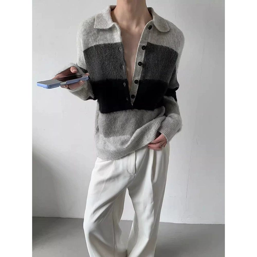 Американский ретро высокого уровня POLO воротник с контрастным цветом в полоску свитер мужской осенью и зимой ленивый ветер свободный повседневный трикотаж