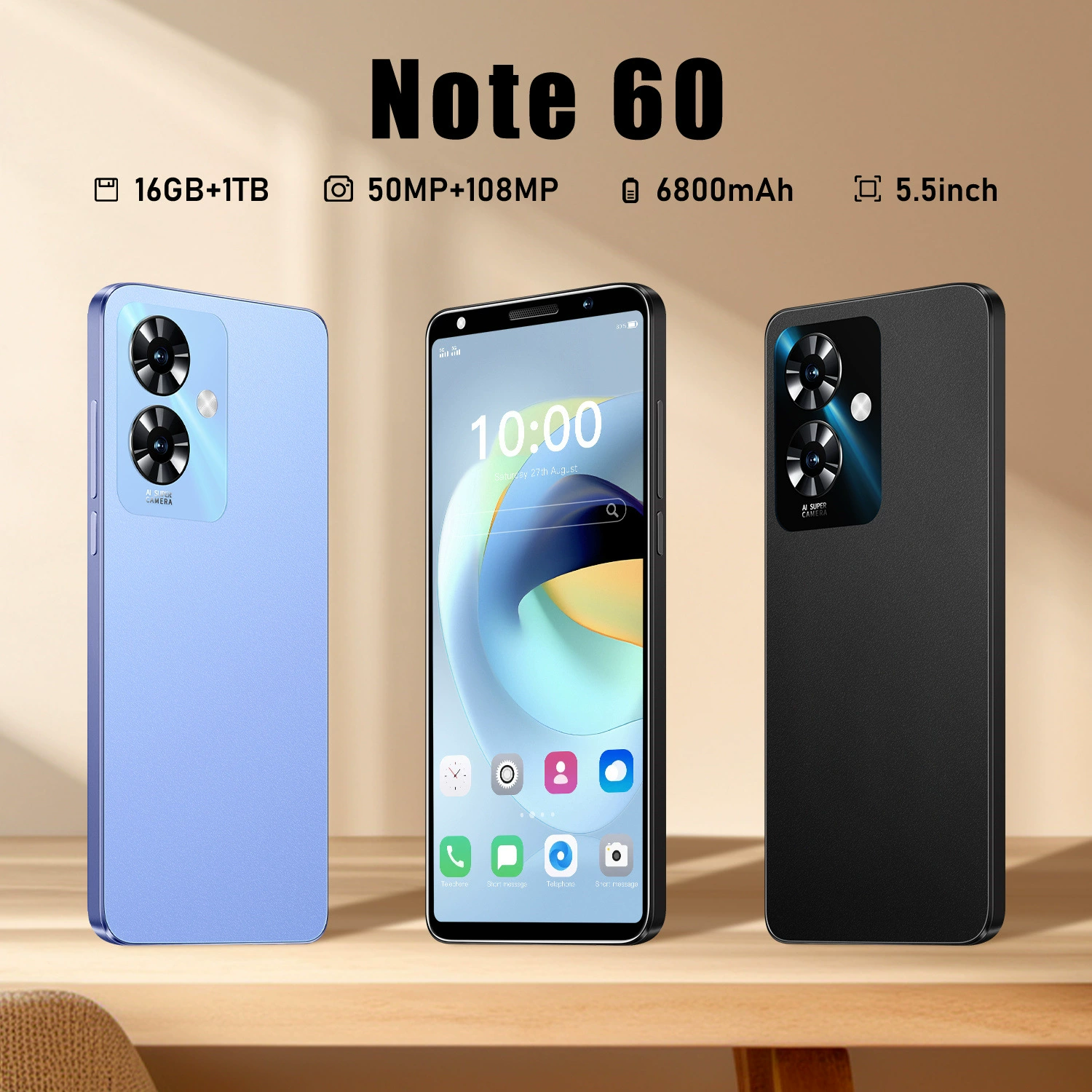 Смартфон Note 60 5.5 дюйма, 16 ГБ Android, в двух цветах (чёрный/синий)