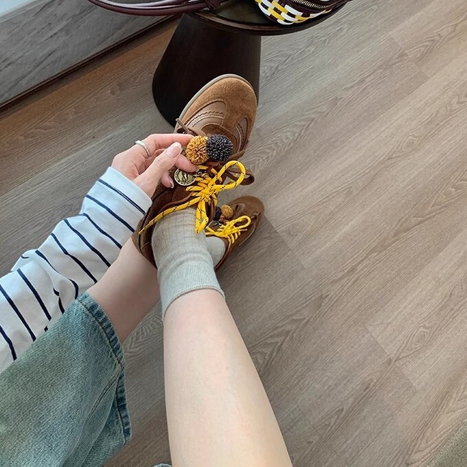 牛皮版~超火真皮撞色鞋带德训鞋女秋新款内增高休闲鞋运动阿甘鞋|undefined