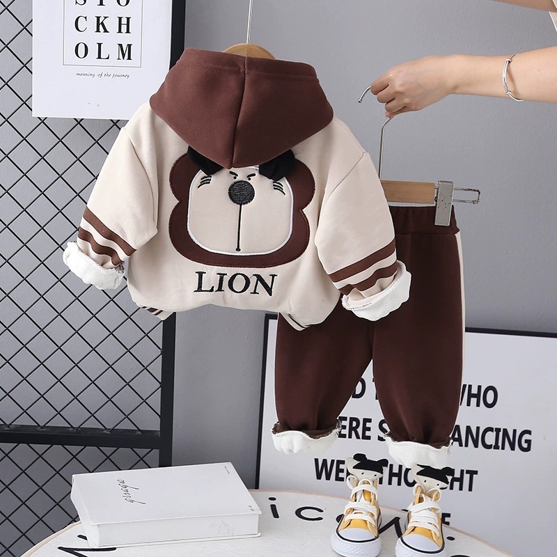 2025 新秋韓国風子供スーツフード付きライオン長袖服 2 点セット男の子カジュアル子供服トレンド|undefined