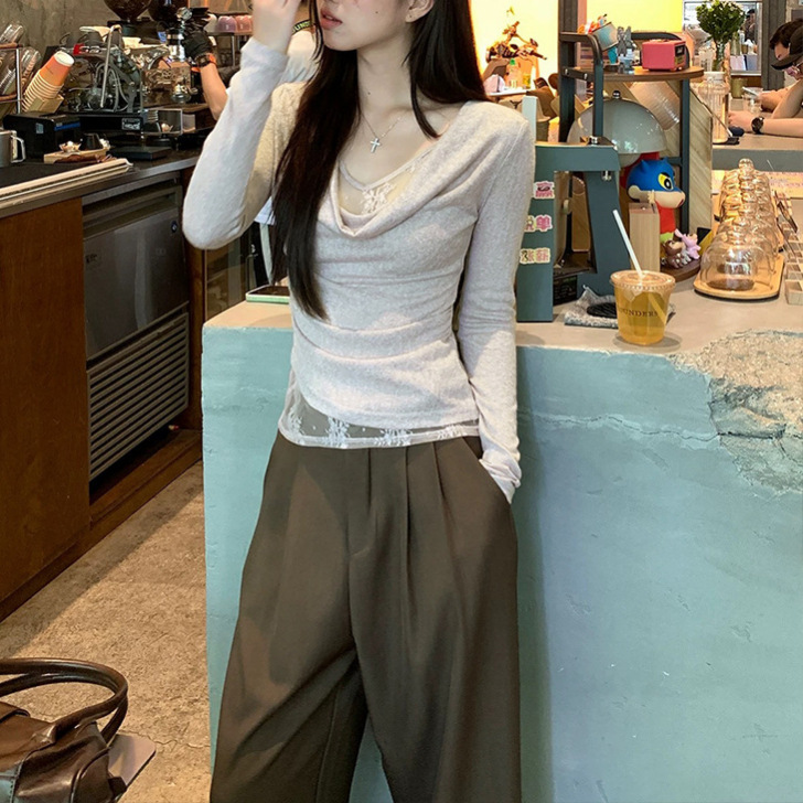 MosesQueen魔西女王假两件荡领蕾丝拼接针织衫修身显瘦长袖上衣秋|undefined