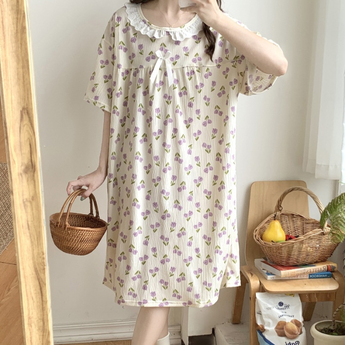 Verano 2024 vestido de pijama de niñas encaje de algodón tela arrugada dibujos animados manga corta media y larga lindo dulce ropa de hogar estudiantil