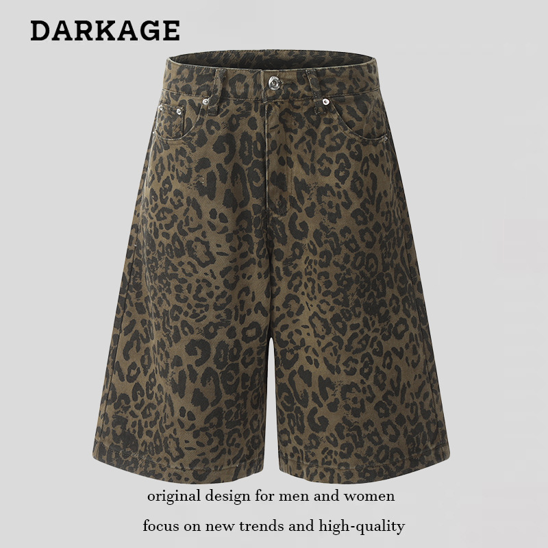 American Style Retro Straight Wide Leg Leopard Print Pants for Men and Women Trendy Brand High Street Loose Denim Shorts Summer Capri Pants