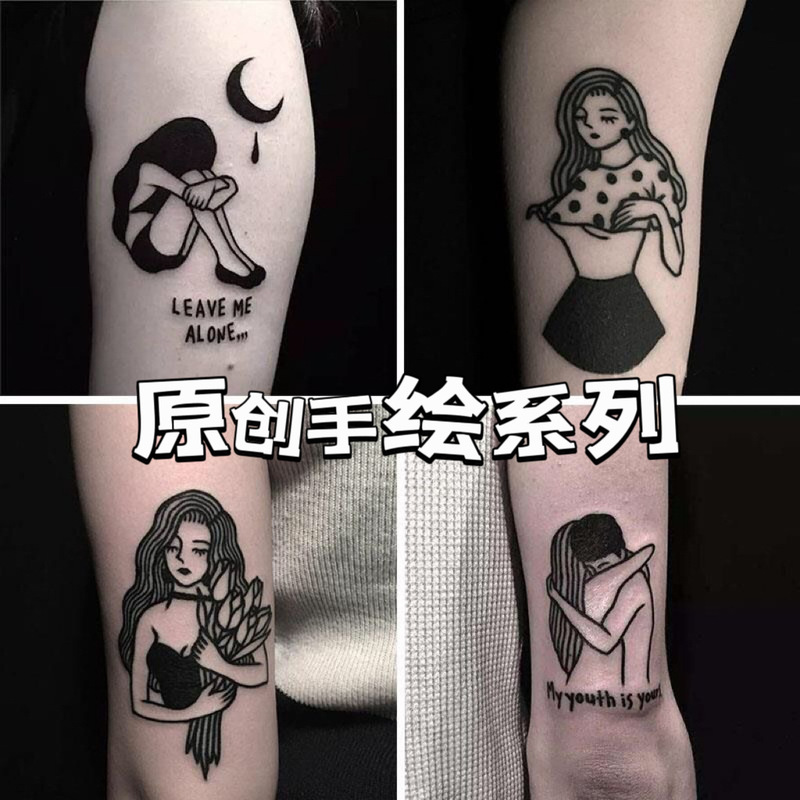 Bad Girl Dark Tattoo Sticker for Men and Women Waterproof Social Black and White Hand-painted Personality Line Fresh Simulation Tattoo