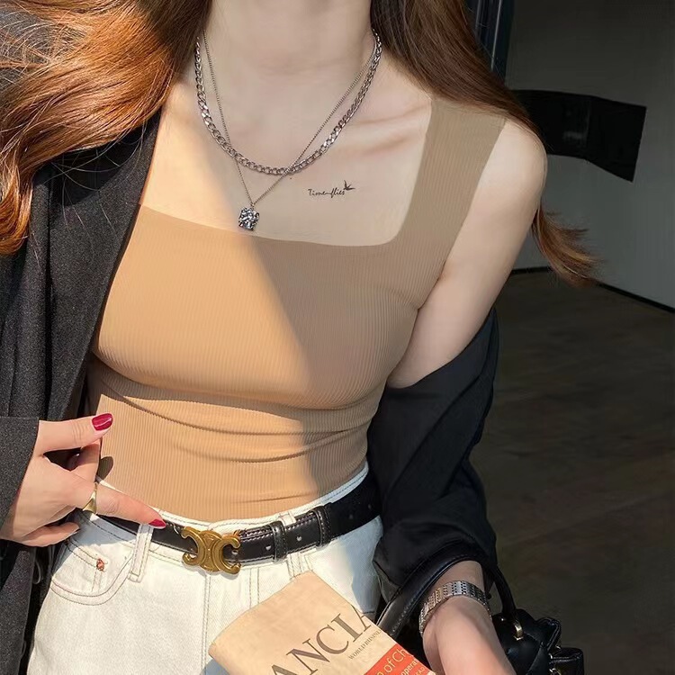 Pure cotton thread wide shoulder strap vest inner and outer wear slim bottoming solid color hot girl yoga with chest pad tube top wrapped chest Pure cotton thread wide shoulder strap vest inner and outer wear slim bottoming solid color hot girl yoga with chest pad tube top wrapped chest