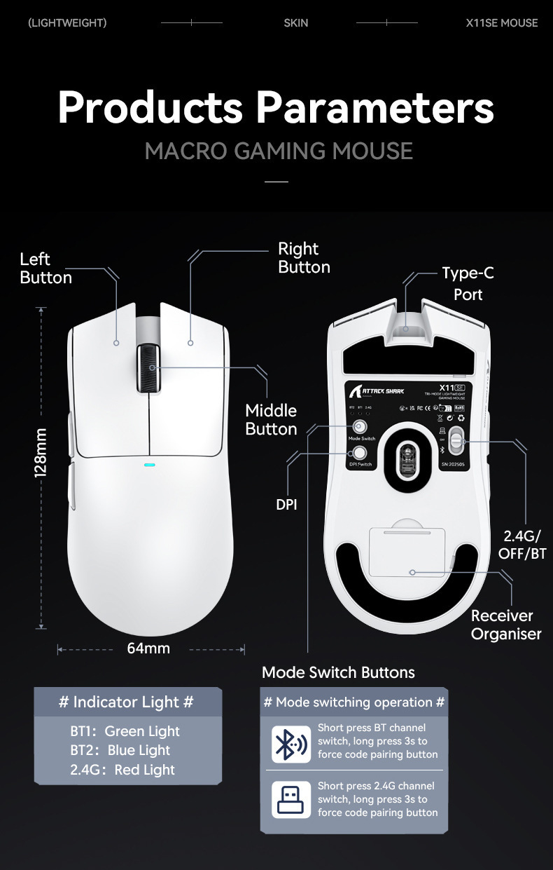 ATTACKSHARK Attack Shark X11SE Wireless Bluetooth Mouse, Video Game, Long Endurance, The Third Mock Examination, Lightweight_voghion.com
