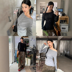 红人馆黑色打底衫女2025新款秋季长袖t恤一字肩设计斜肩露肩上衣