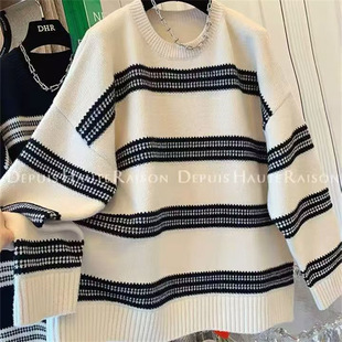2024 Striped Contrast Color Round Neck Pregnant Women's Sweater Autumn and Winter New Loose Korean Style Lazy Style Knitted Pregnant Women's Top